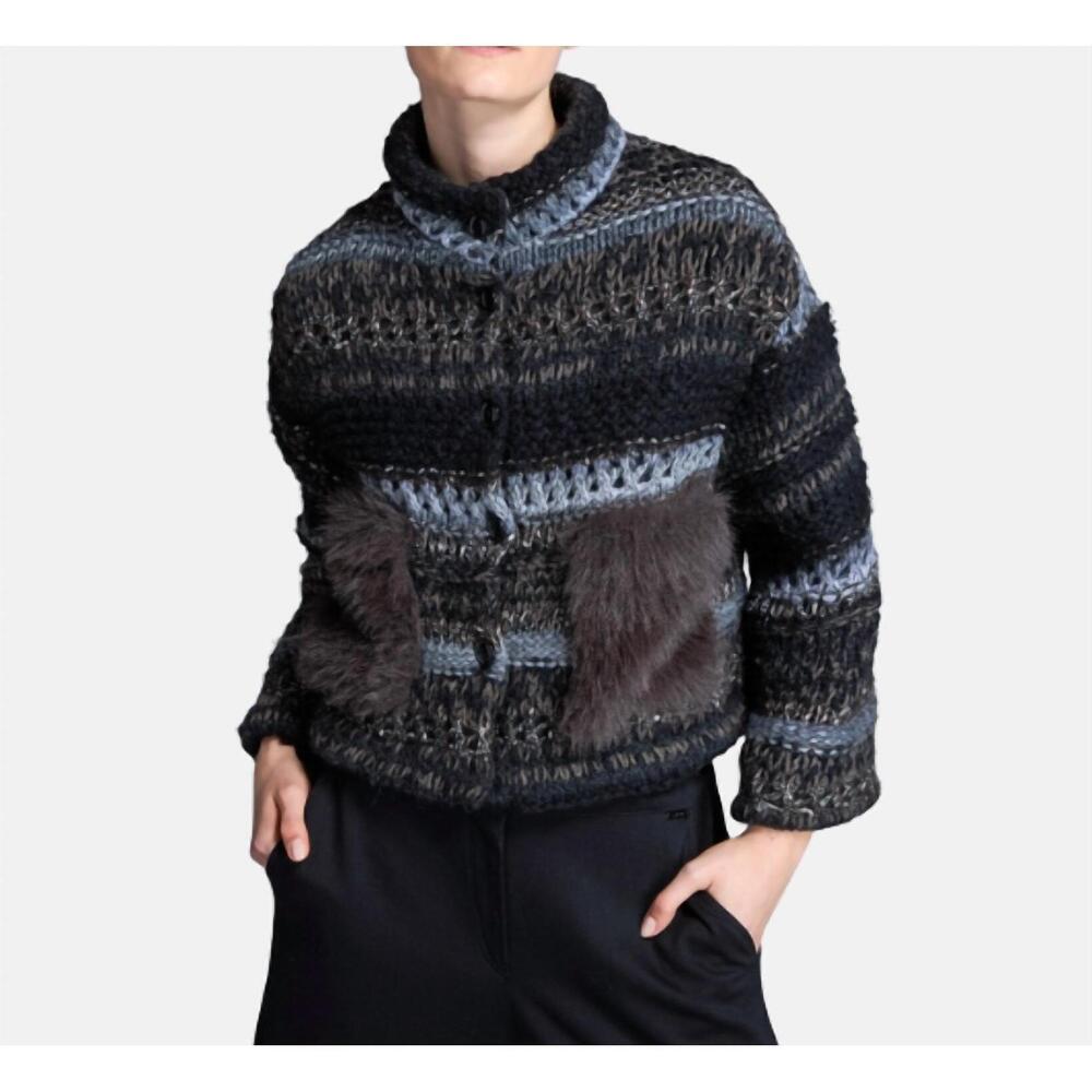 NEW TRICOT CHIC button cardigan with fur pockets in brown and grey